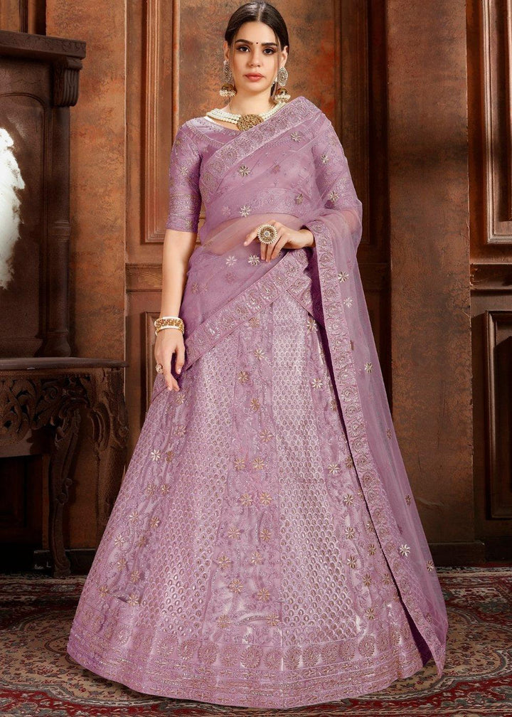 Lavender Purple Soft Net Lehenga Choli with Thread,Zari, Zarkan & Pearl work - qivii