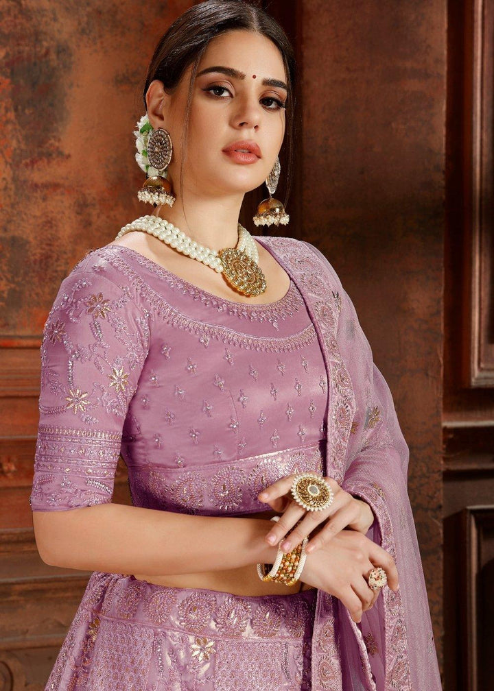 Lavender Purple Soft Net Lehenga Choli with Thread,Zari, Zarkan & Pearl work - qivii