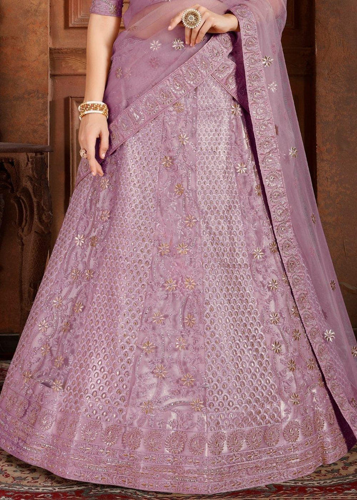 Lavender Purple Soft Net Lehenga Choli with Thread,Zari, Zarkan & Pearl work - qivii