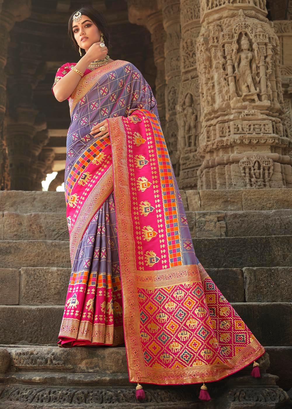 Lavender Purple Woven Banarasi Silk Saree with Embroidered Blouse | Stitched Blouse - qivii