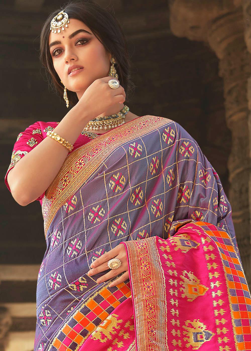 Lavender Purple Woven Banarasi Silk Saree with Embroidered Blouse | Stitched Blouse - qivii