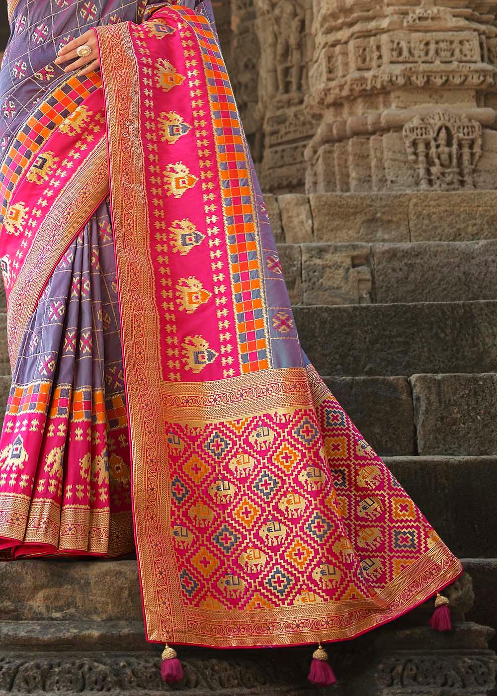 Lavender Purple Woven Banarasi Silk Saree with Embroidered Blouse | Stitched Blouse - qivii