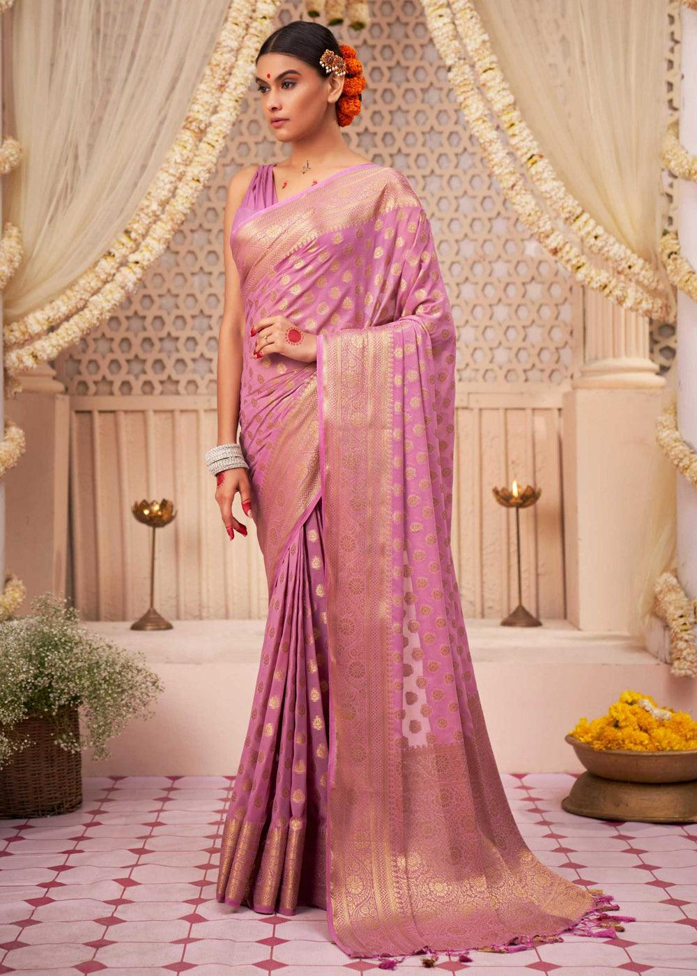 Lavender Purple Woven Georgette Saree - qivii