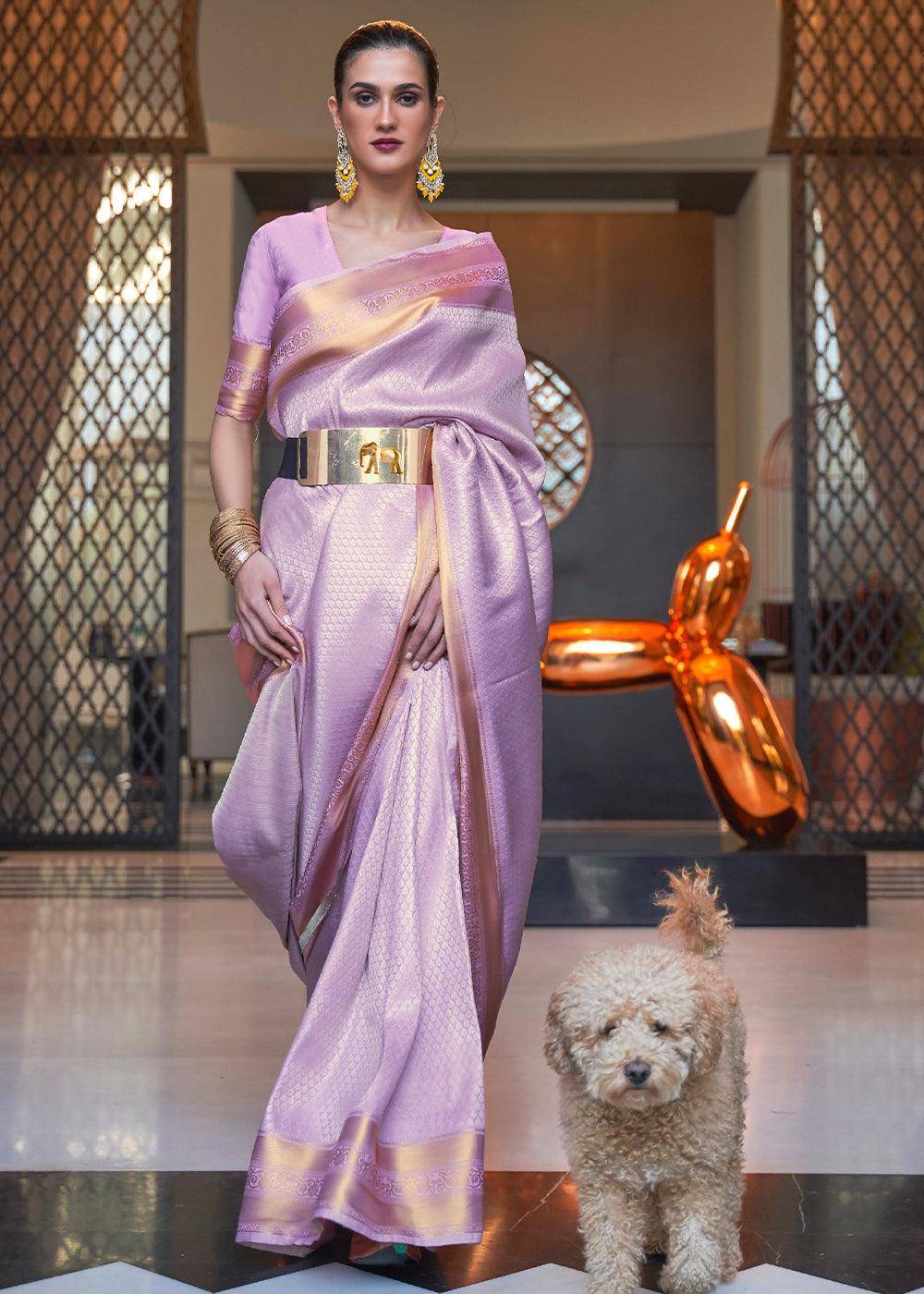 Lavender Purple Woven Soft Silk Saree | Stitched Blouse - qivii