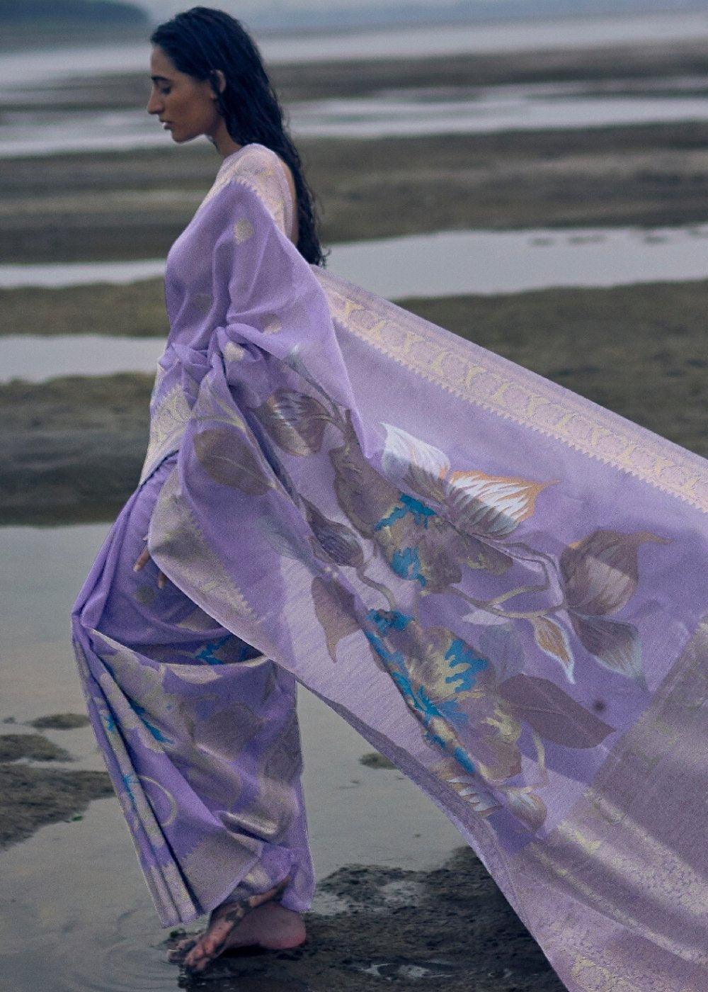 Lavender Woven Linen Silk Saree with Floral Motif on Pallu and Border - qivii