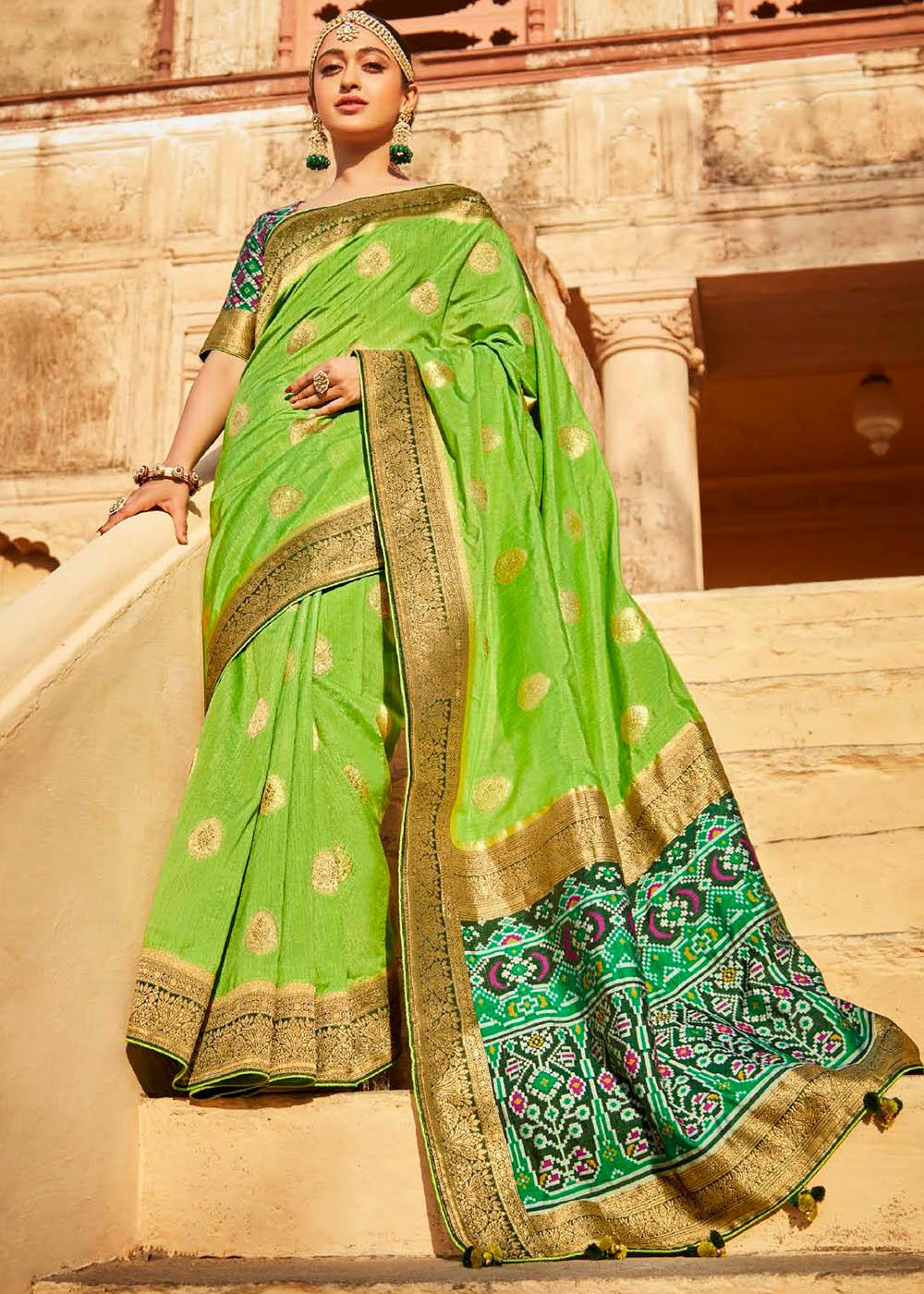 Lawn Green Woven Banarasi Patola Silk Saree with Embroidered Blouse | Stitched Blouse - qivii