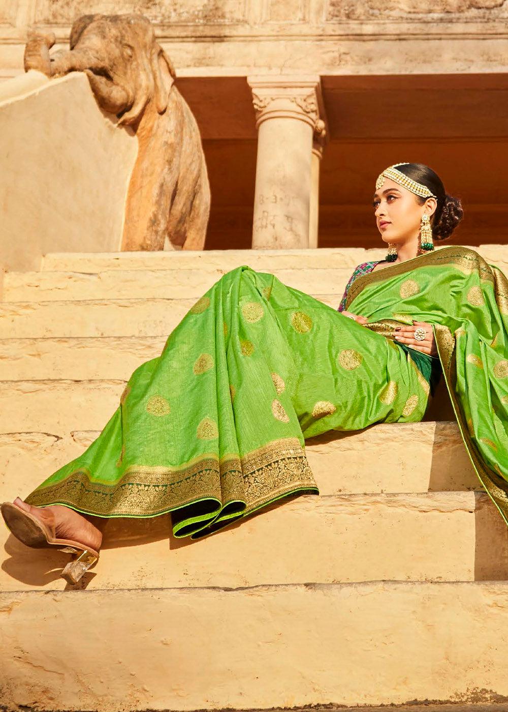 Lawn Green Woven Banarasi Patola Silk Saree with Embroidered Blouse | Stitched Blouse - qivii