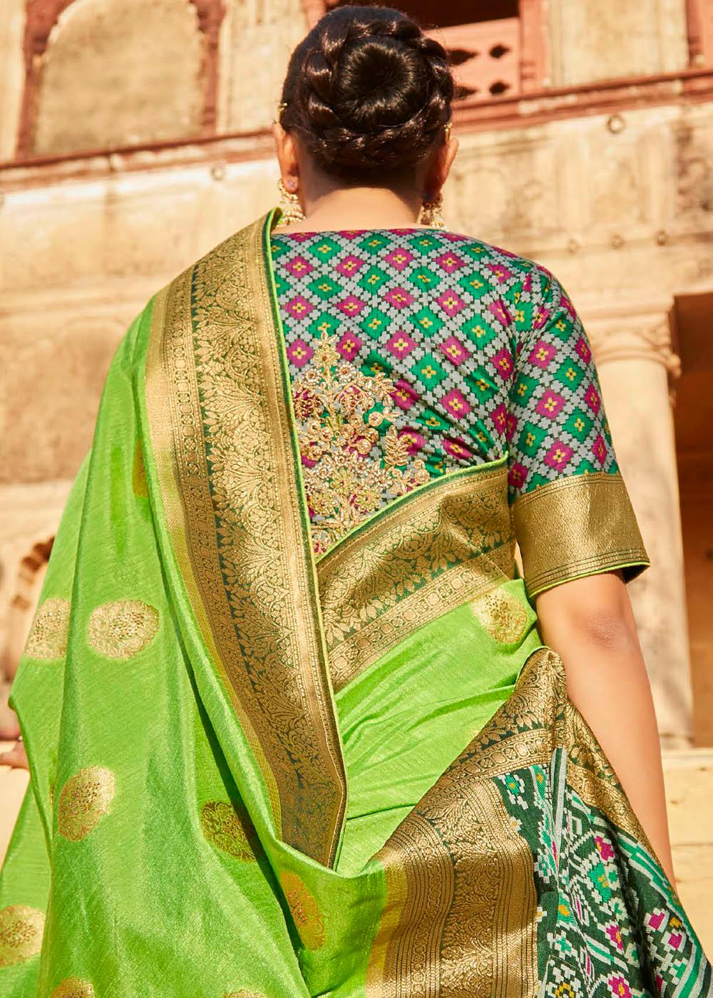 Lawn Green Woven Banarasi Patola Silk Saree with Embroidered Blouse | Stitched Blouse - qivii