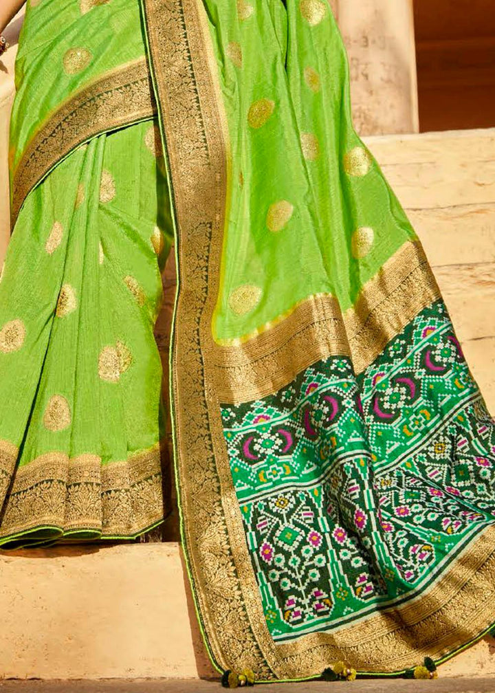 Lawn Green Woven Banarasi Patola Silk Saree with Embroidered Blouse | Stitched Blouse - qivii