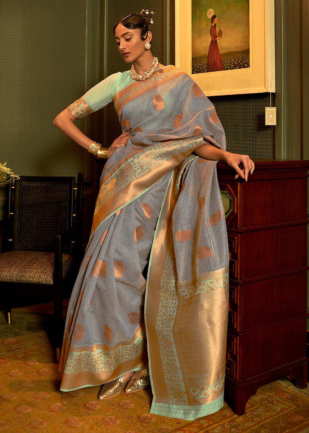 Lead Grey Copper Zari Woven Linen Silk Saree | Stitched Blouse - qivii