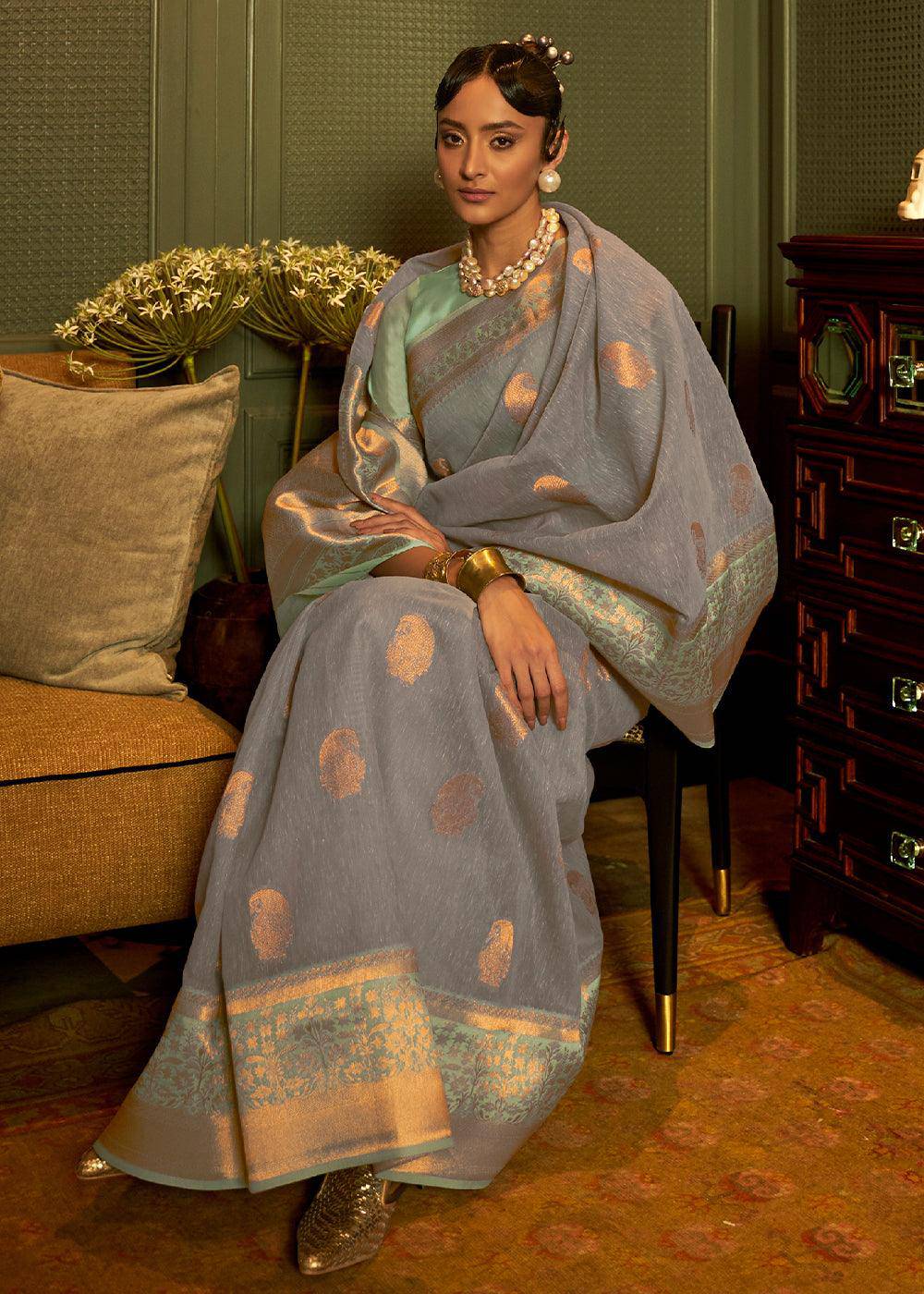 Lead Grey Copper Zari Woven Linen Silk Saree | Stitched Blouse - qivii