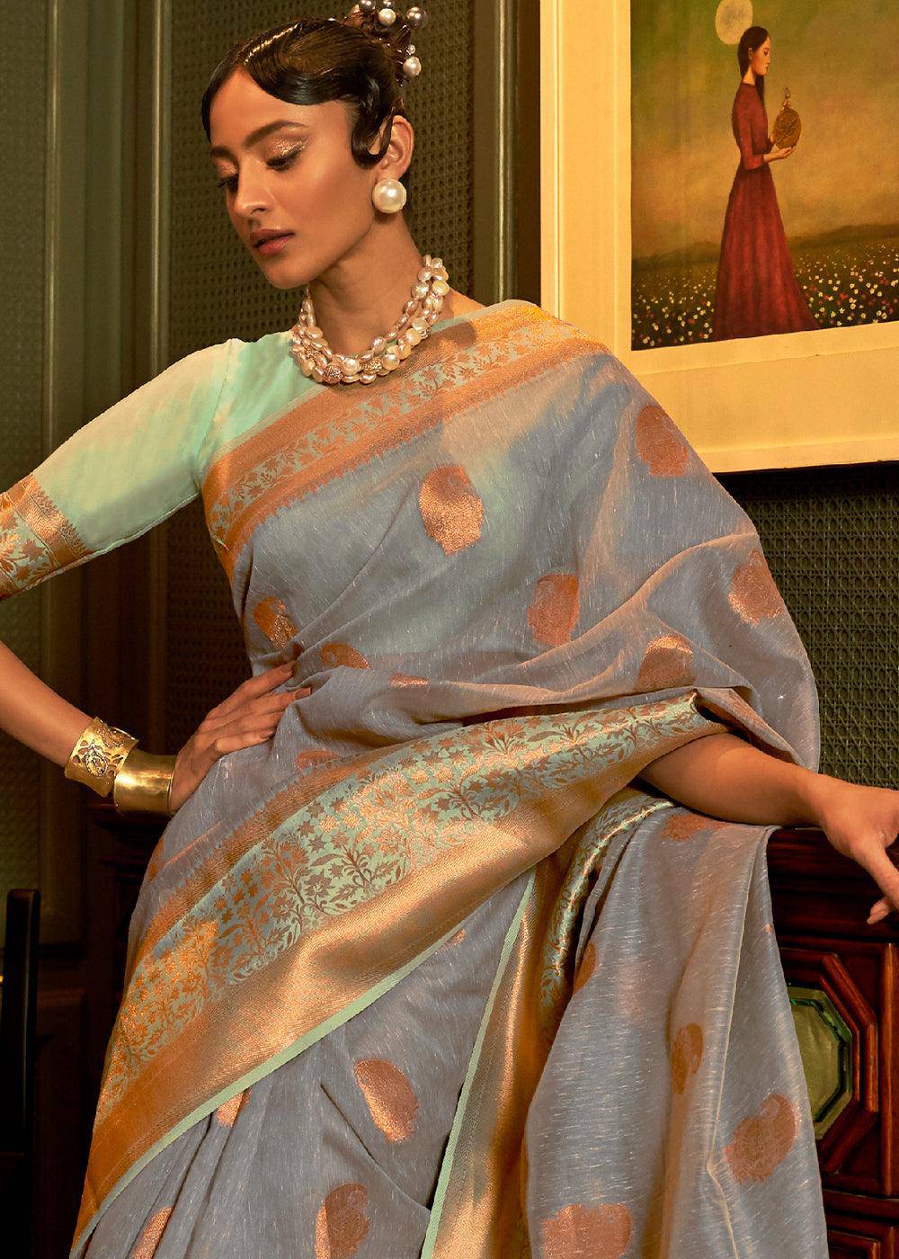 Lead Grey Copper Zari Woven Linen Silk Saree | Stitched Blouse - qivii