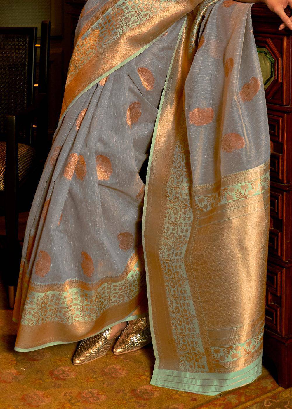 Lead Grey Copper Zari Woven Linen Silk Saree | Stitched Blouse - qivii