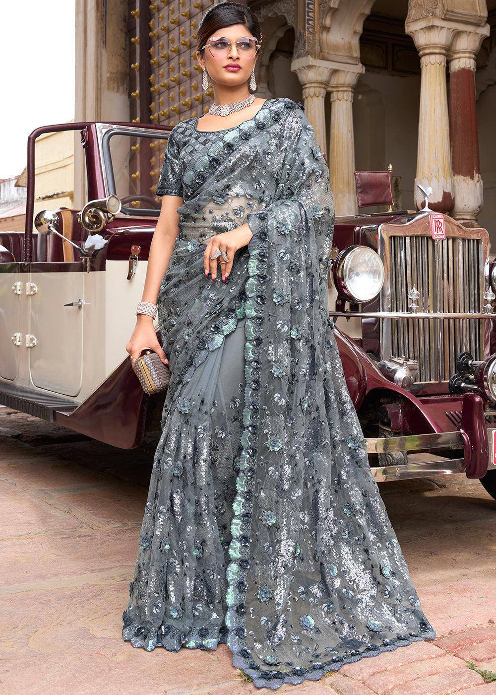 Lead Grey Digital Net Saree with Sequins & Flower Applic work | Stitched Blouse - qivii