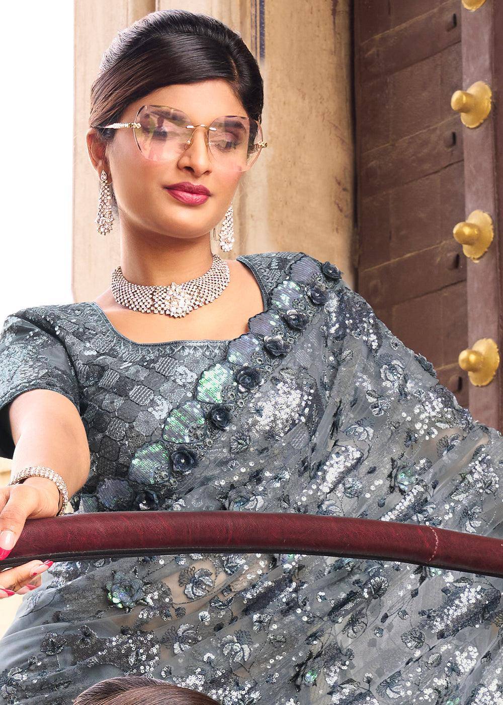 Lead Grey Digital Net Saree with Sequins & Flower Applic work | Stitched Blouse - qivii