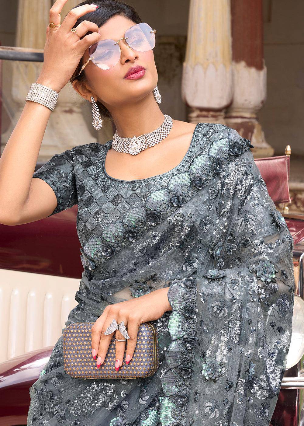 Lead Grey Digital Net Saree with Sequins & Flower Applic work | Stitched Blouse - qivii