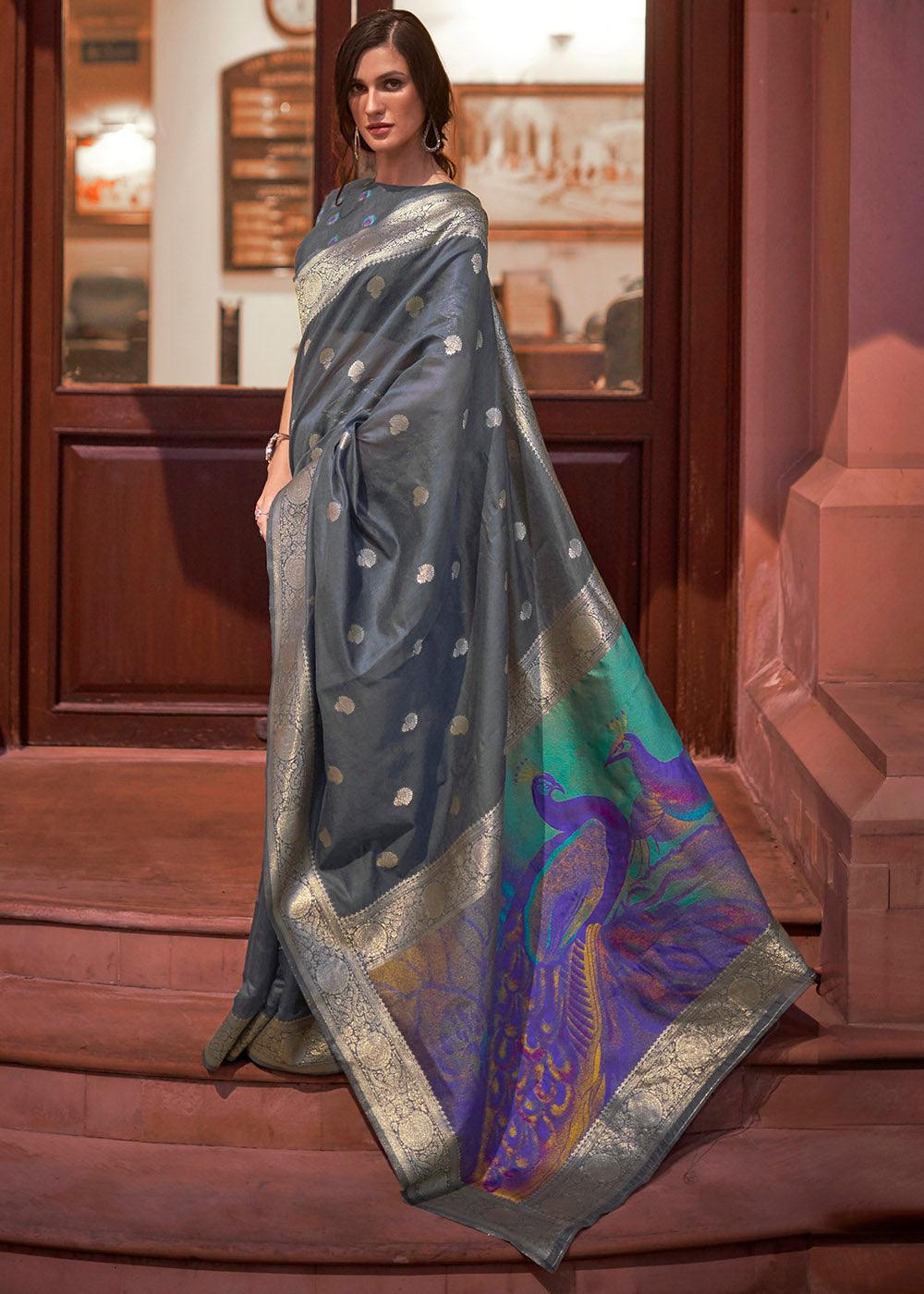 Lead Grey Woven Chanderi Banarasi Fusion Silk Saree | Stitched Blouse - qivii