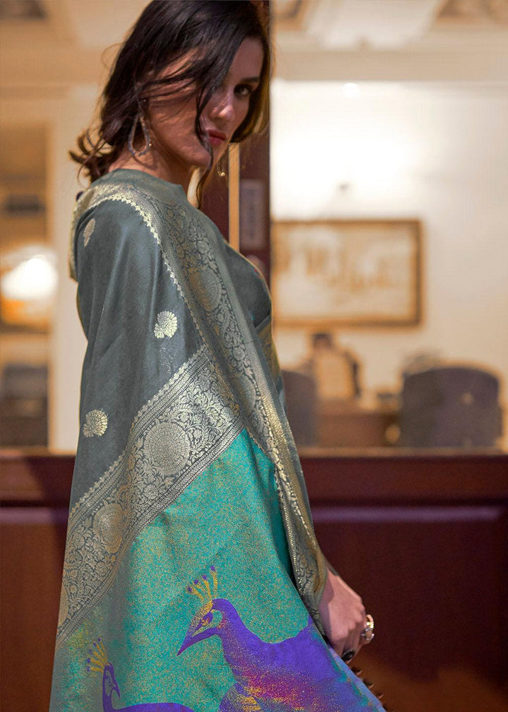 Lead Grey Woven Chanderi Banarasi Fusion Silk Saree | Stitched Blouse - qivii