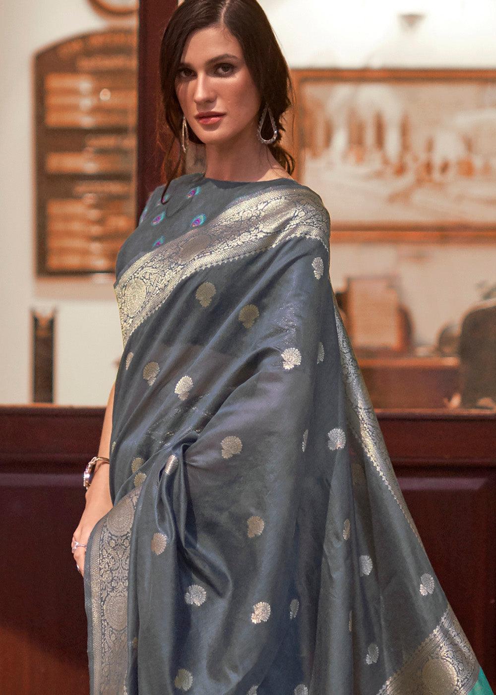 Lead Grey Woven Chanderi Banarasi Fusion Silk Saree | Stitched Blouse - qivii