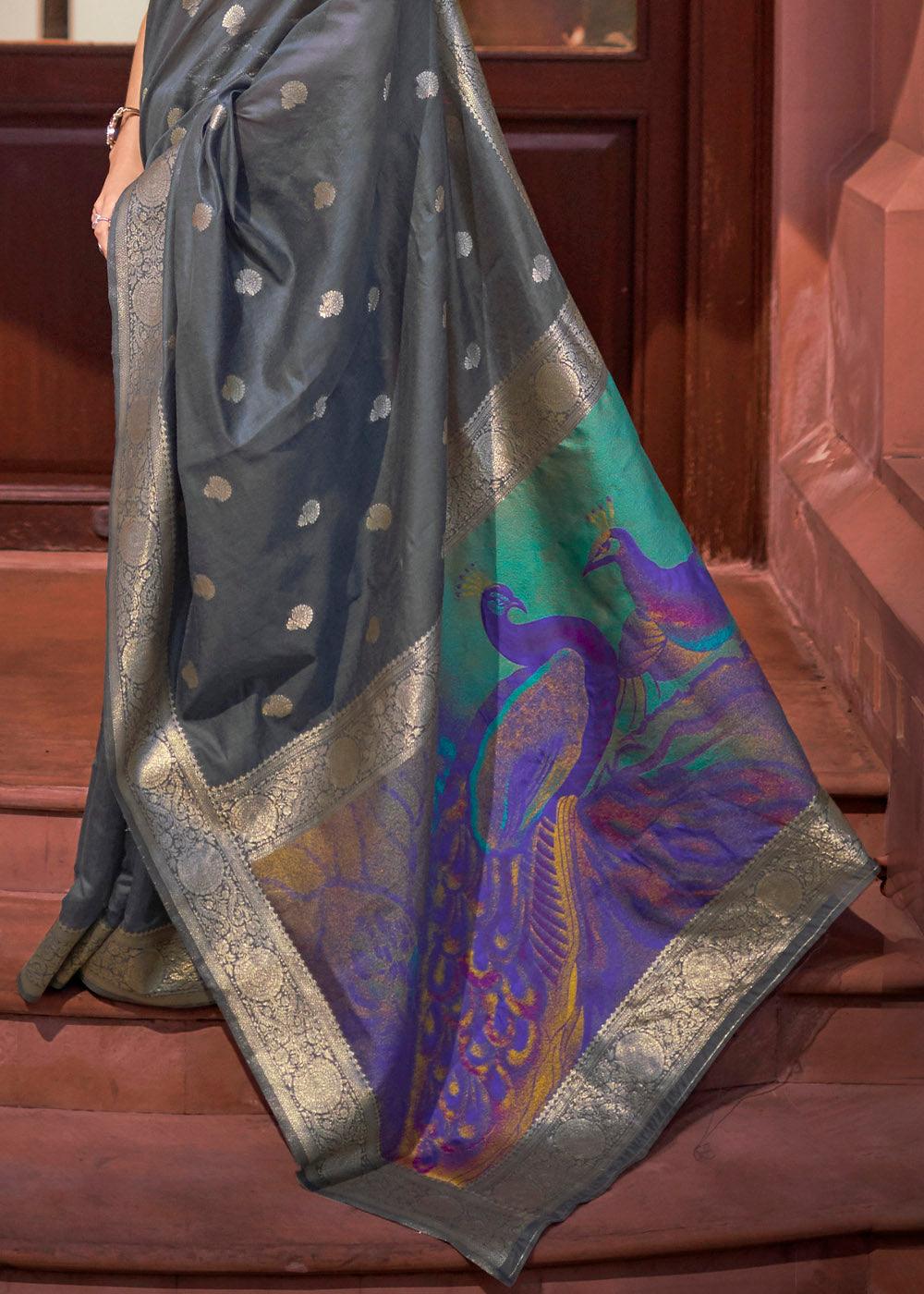 Lead Grey Woven Chanderi Banarasi Fusion Silk Saree | Stitched Blouse - qivii