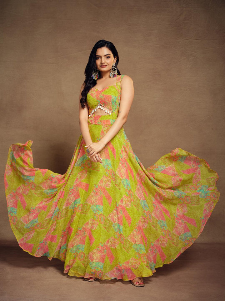  Stunning lemon-lime colored gown made from high-quality georgette fabric by Qivii