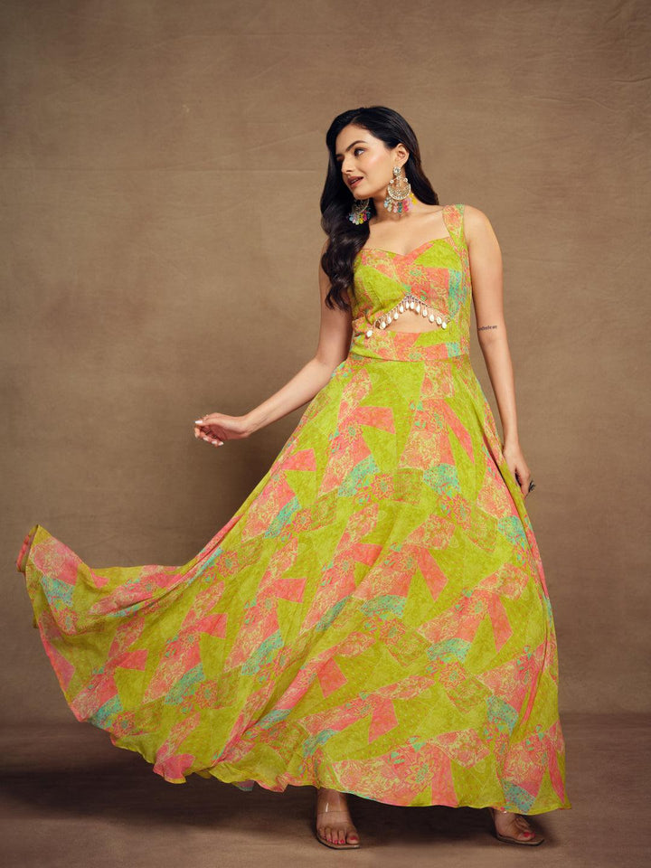 lemon-lime colored ready-to-wear georgette gown by Qivii