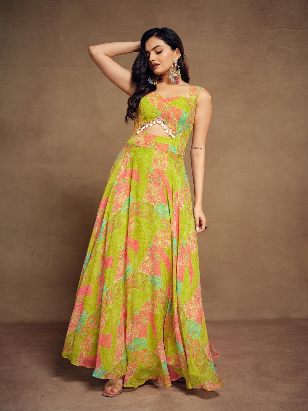 lemon-lime colored ready-to-wear georgette gown by Qivii