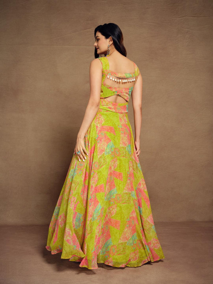 lemon-lime colored ready-to-wear georgette gown by Qivii