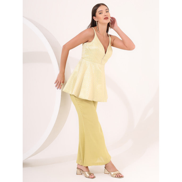 Lemon Yellow Brocade Peplum Set - qivii