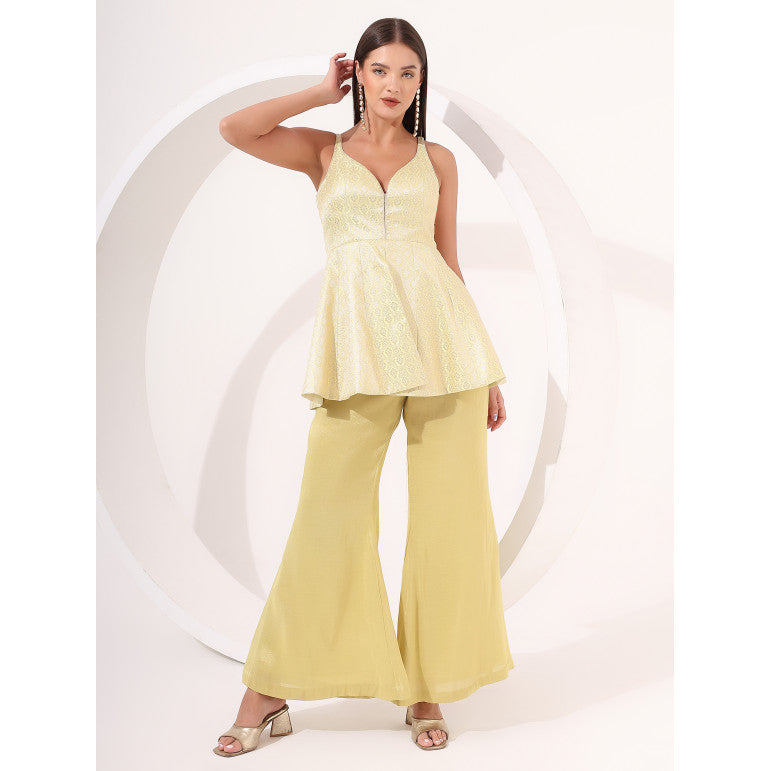Lemon Yellow Brocade Peplum Set - qivii