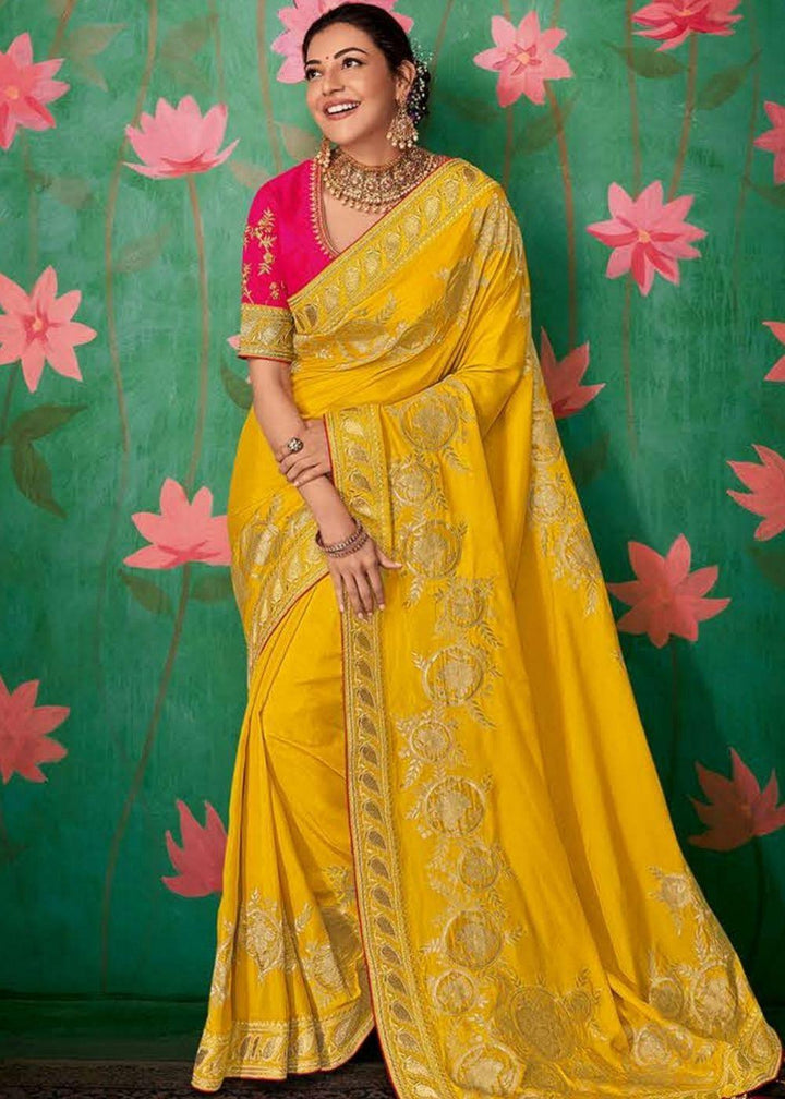 Lemon Yellow Designer Silk Saree with Contrast Embroidered Blouse | Stitched Blouse - qivii