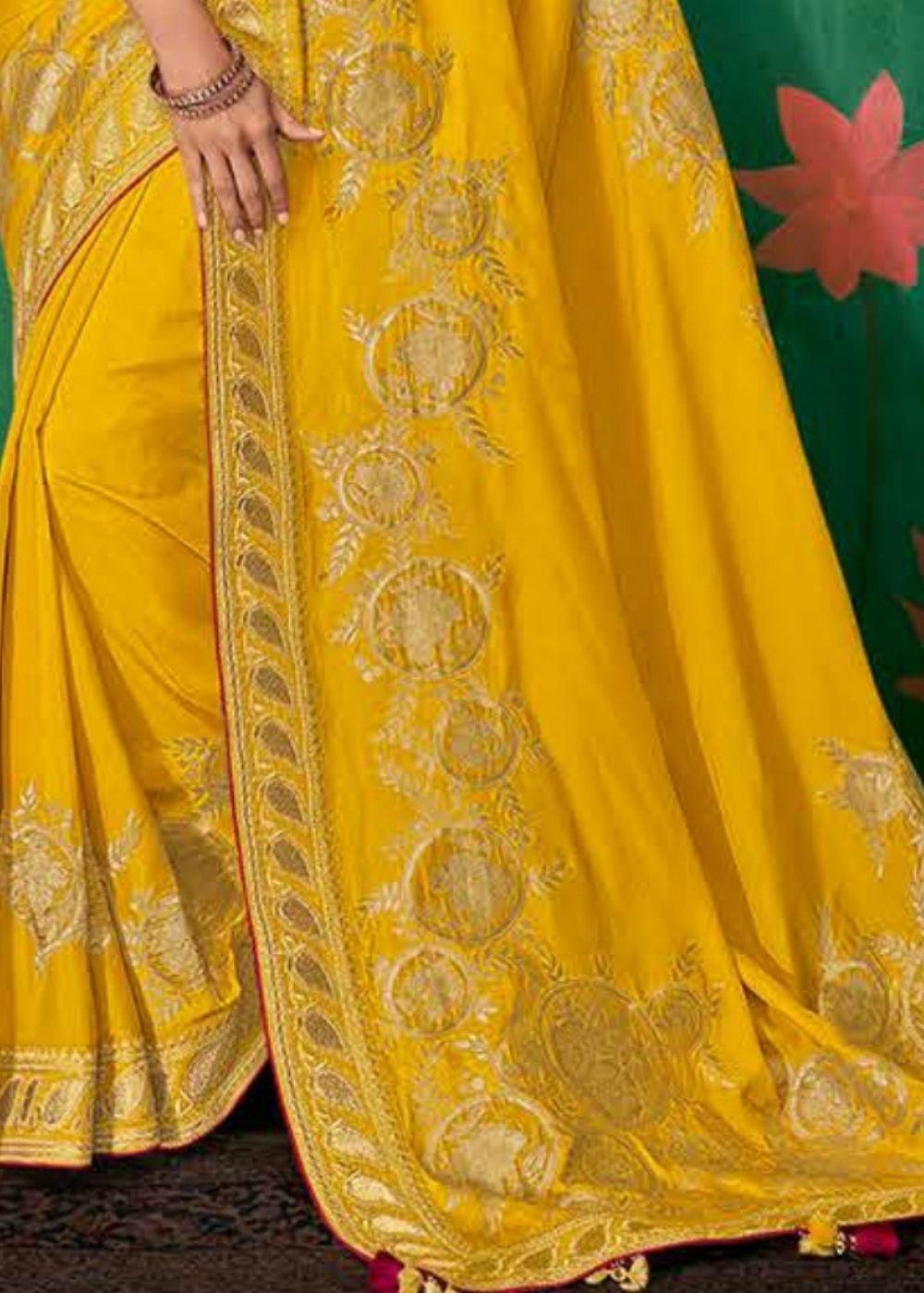 Lemon Yellow Designer Silk Saree with Contrast Embroidered Blouse | Stitched Blouse - qivii