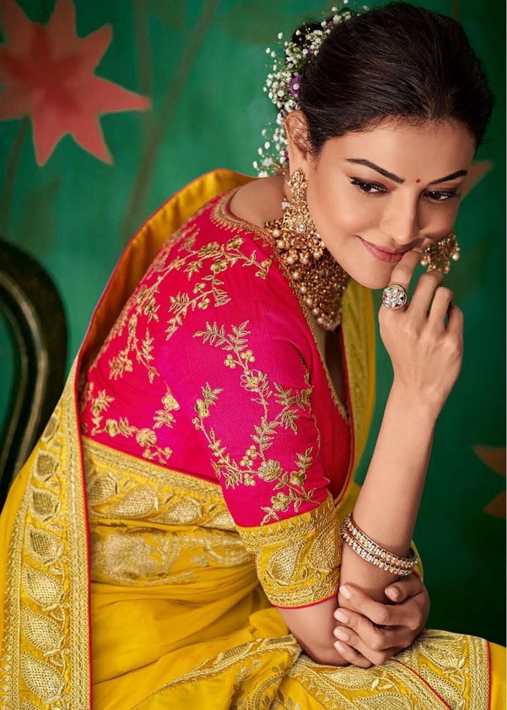 Lemon Yellow Designer Silk Saree with Contrast Embroidered Blouse | Stitched Blouse - qivii