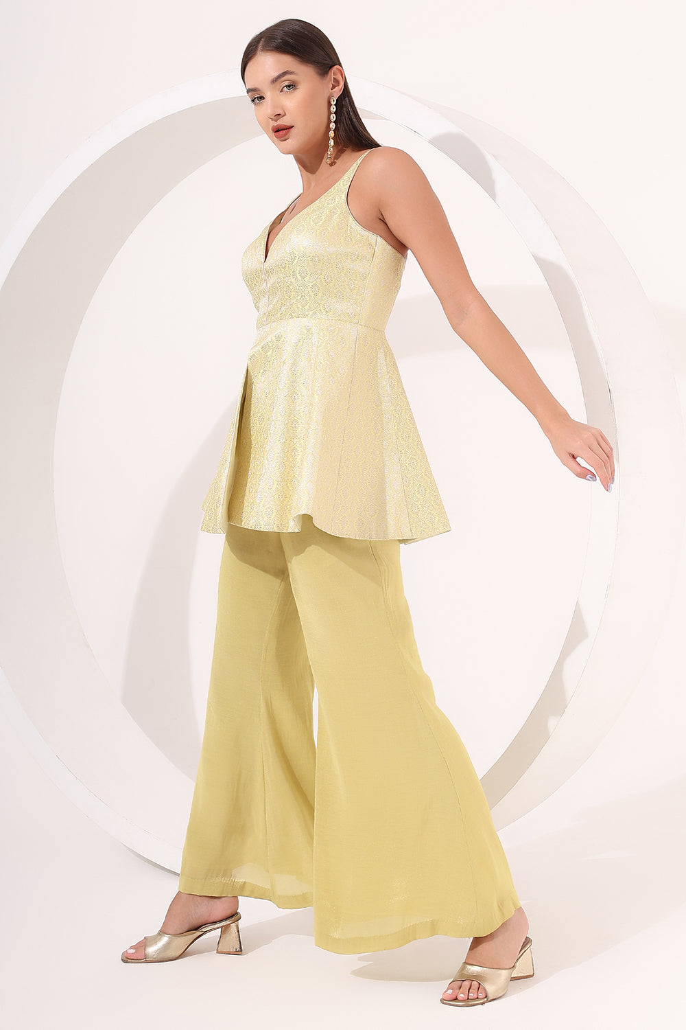 Lemon Yellow Brocade Peplum Set