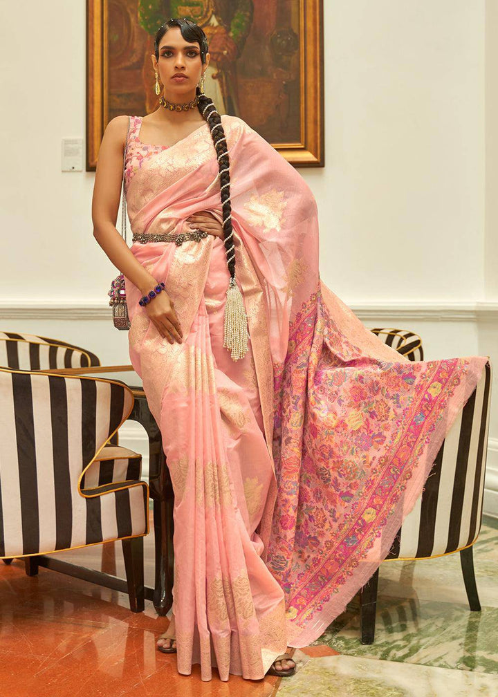 Lemonade Pink Handloom Woven Silk Saree with Kashmiri Pallu | Stitched Blouse - qivii