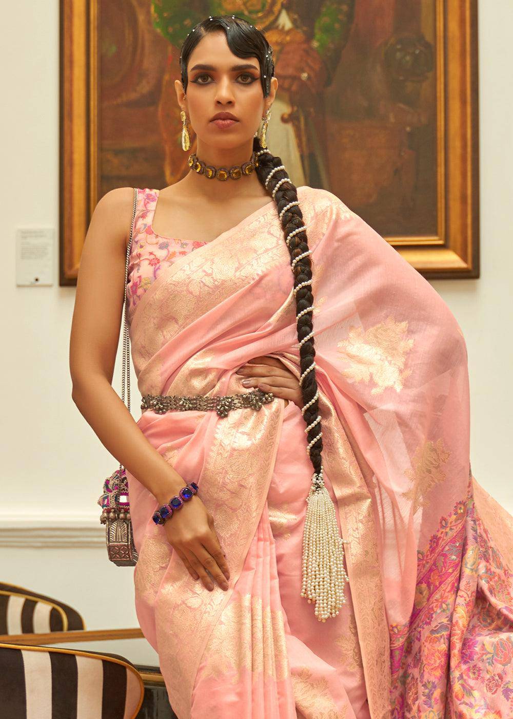 Lemonade Pink Handloom Woven Silk Saree with Kashmiri Pallu | Stitched Blouse - qivii