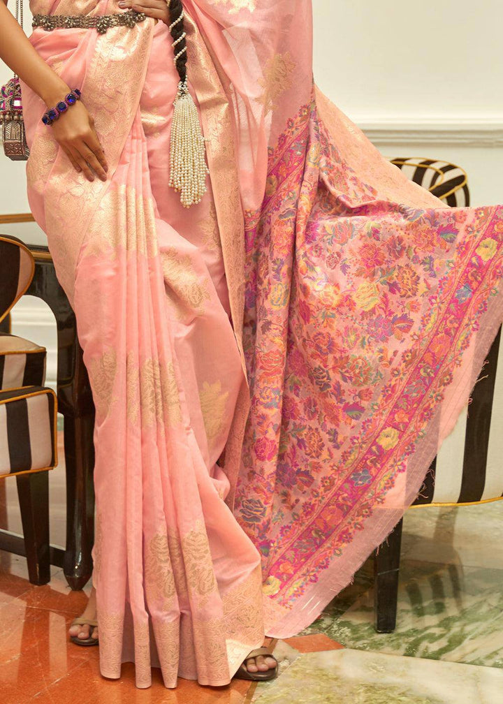 Lemonade Pink Handloom Woven Silk Saree with Kashmiri Pallu | Stitched Blouse - qivii