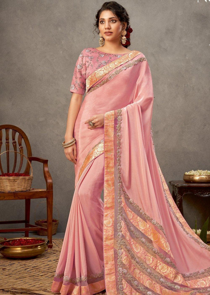 Lemonade Pink Satin Silk Saree with Resham & Cord Embroidery | Stitched Blouse - qivii