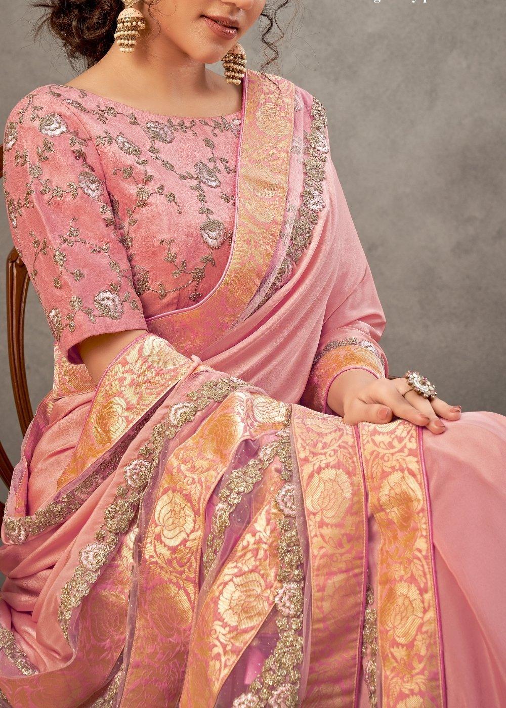 Lemonade Pink Satin Silk Saree with Resham & Cord Embroidery | Stitched Blouse - qivii