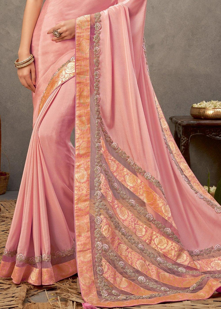 Lemonade Pink Satin Silk Saree with Resham & Cord Embroidery | Stitched Blouse - qivii