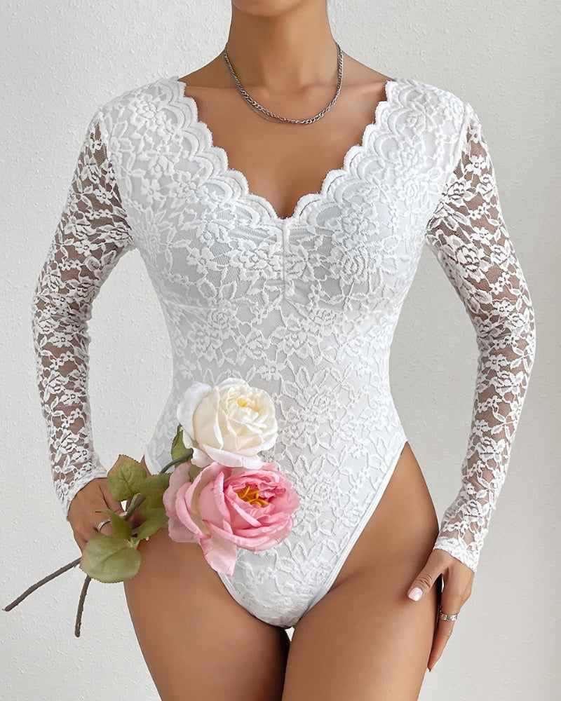 Floral Lace Sheer Long Sleeve Bodysuit V Neck Slim Fit Thong Body Shaper  - By Qivii