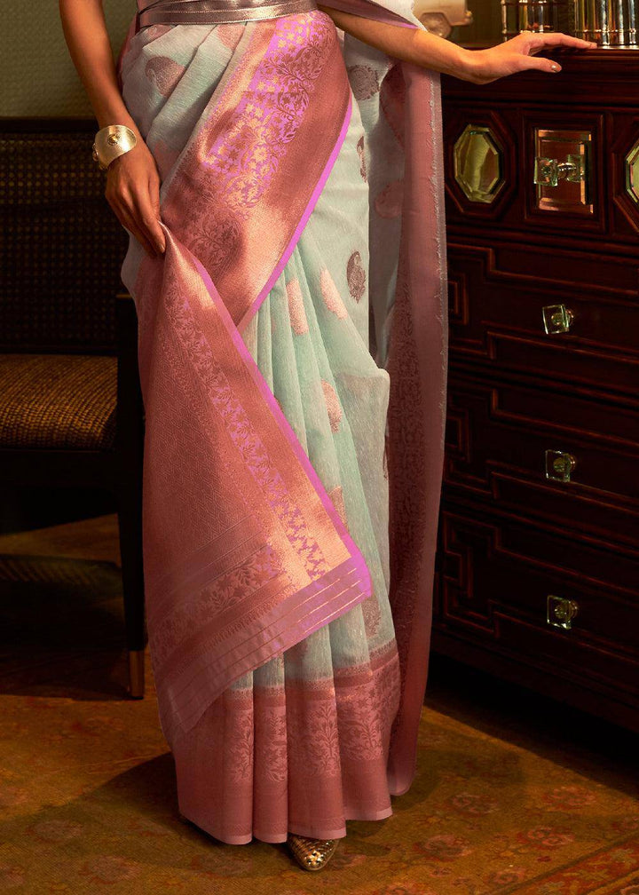 Light Blue Copper Zari Woven Linen Silk Saree | Stitched Blouse - qivii