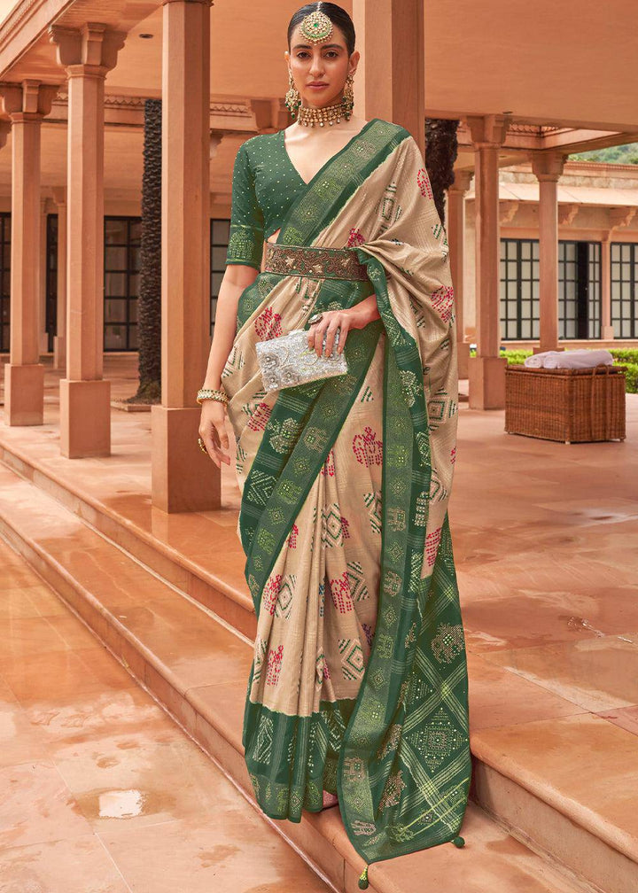 Light Brown & Green Printed Patola Silk Saree with Swaroski Work | Stitched Blouse - qivii