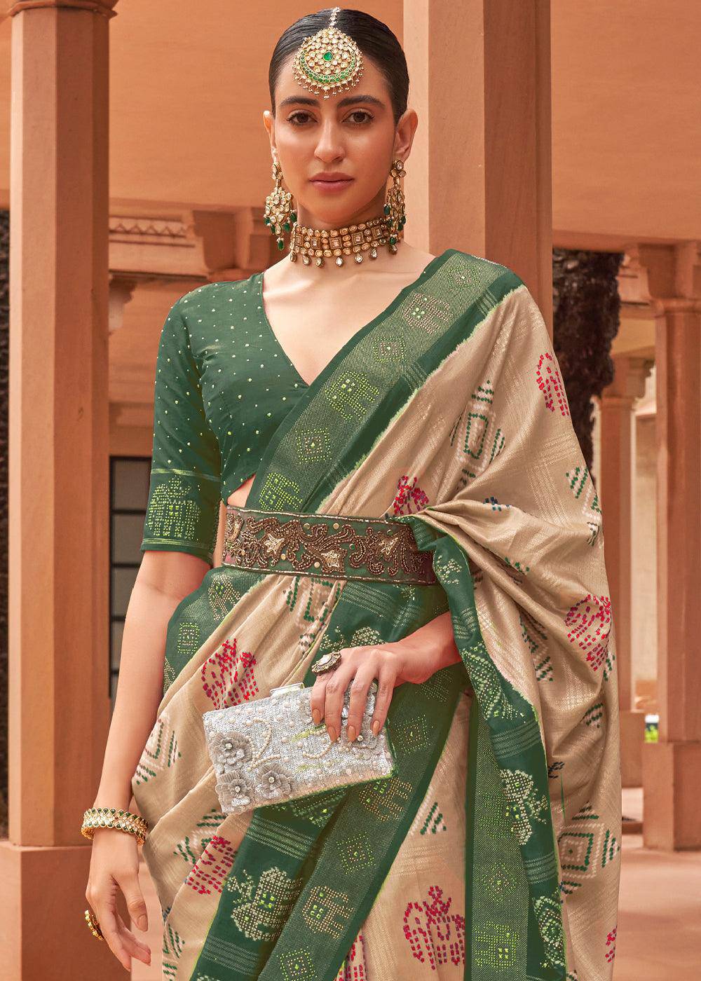 Light Brown & Green Printed Patola Silk Saree with Swaroski Work | Stitched Blouse - qivii