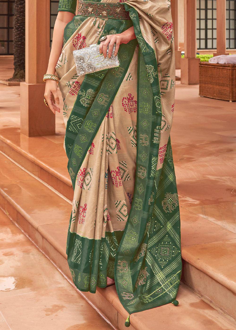 Light Brown & Green Printed Patola Silk Saree with Swaroski Work | Stitched Blouse - qivii