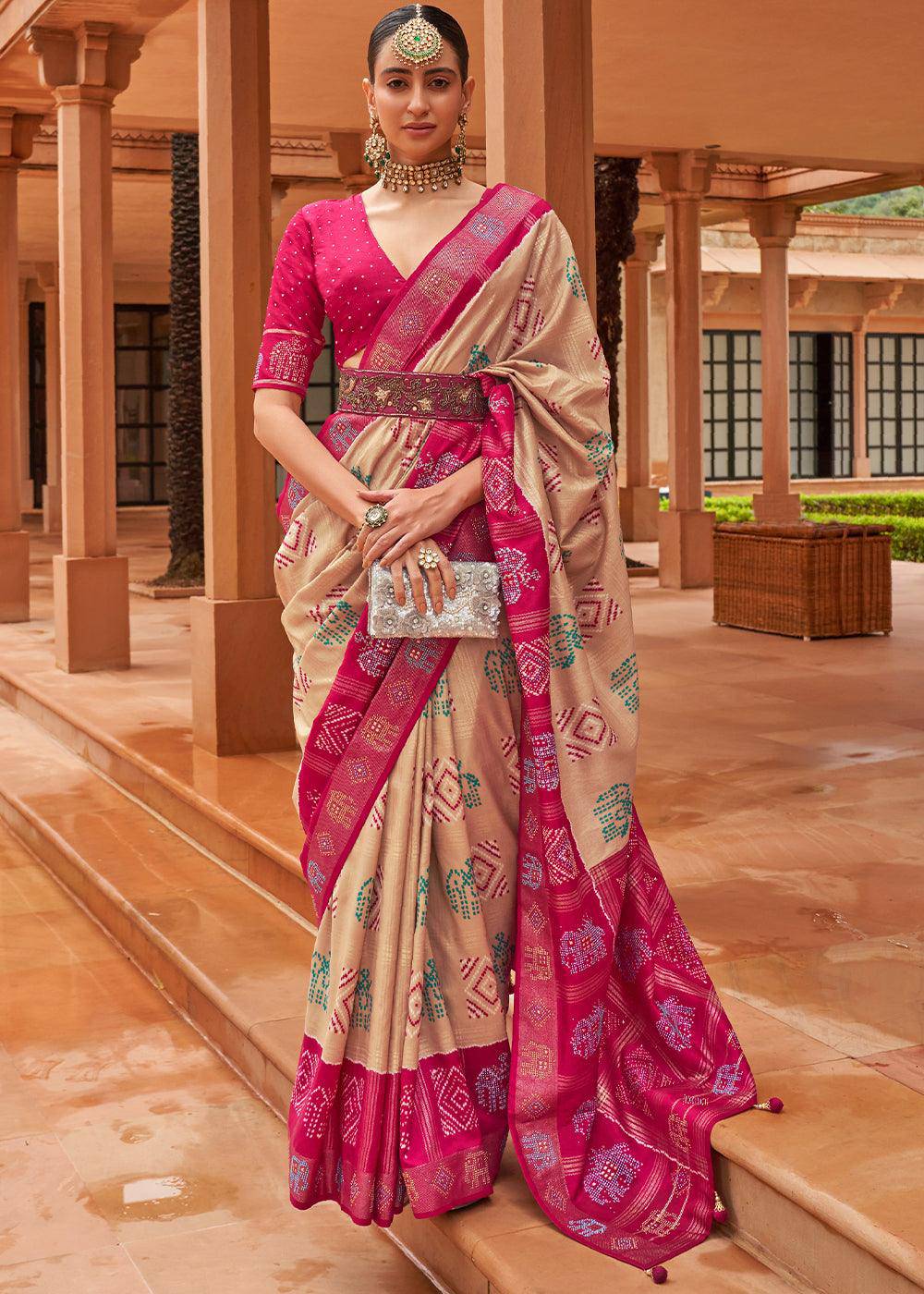 Light Brown & Pink Printed Patola Silk Saree with Swaroski Work | Stitched Blouse - qivii