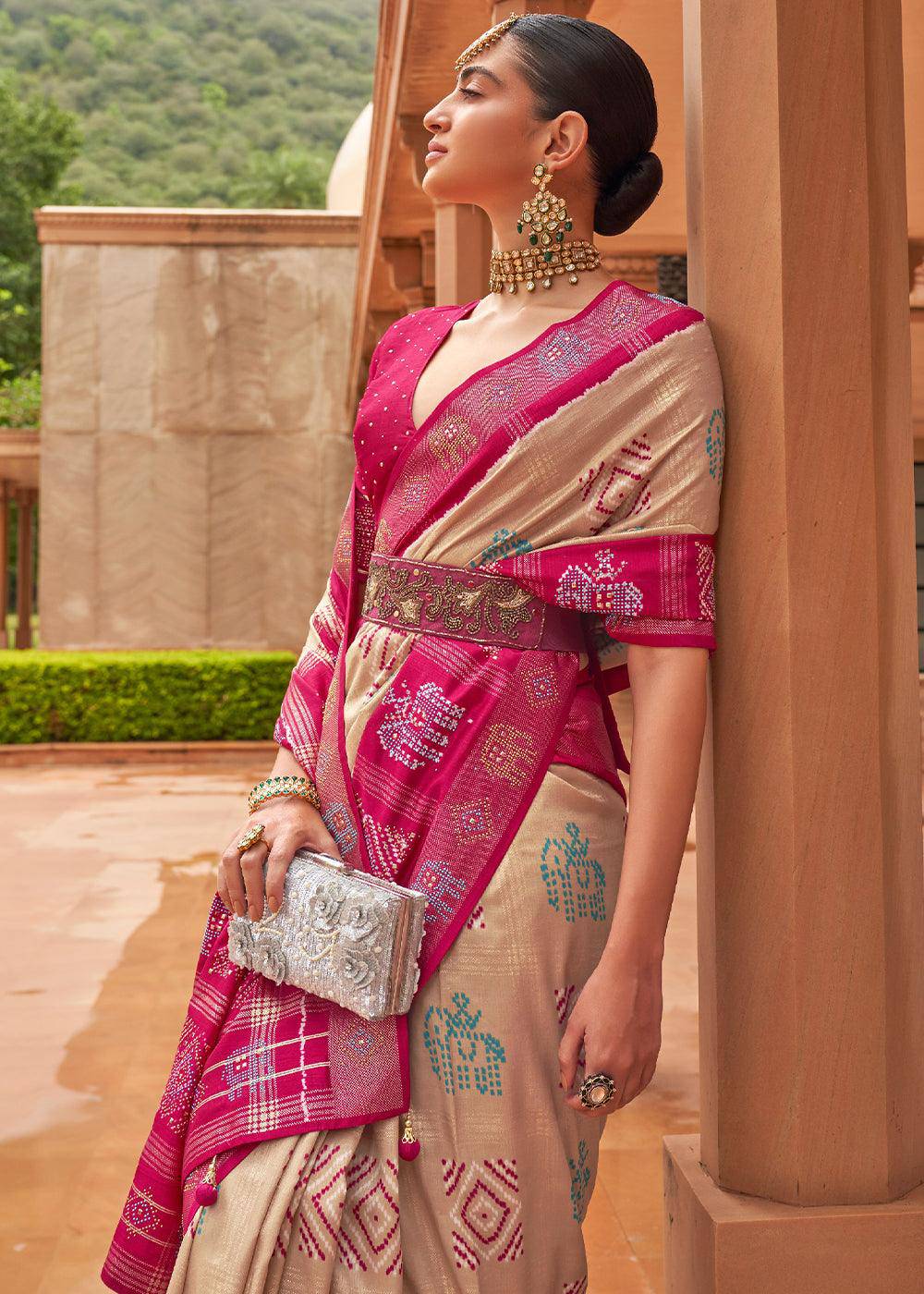 Light Brown & Pink Printed Patola Silk Saree with Swaroski Work | Stitched Blouse - qivii