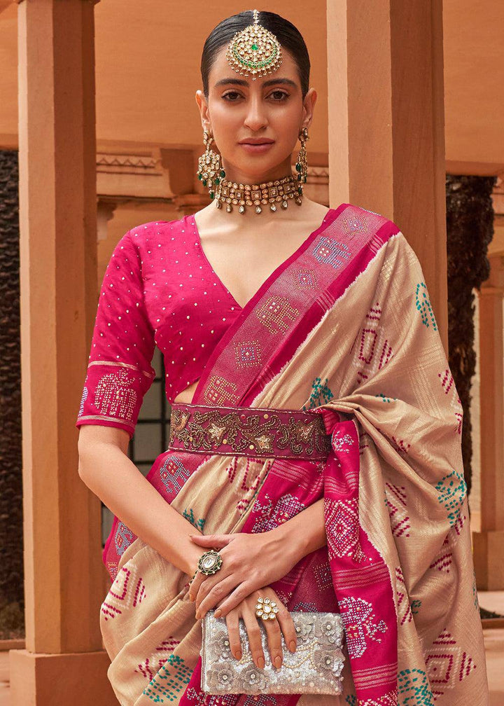 Light Brown & Pink Printed Patola Silk Saree with Swaroski Work | Stitched Blouse - qivii