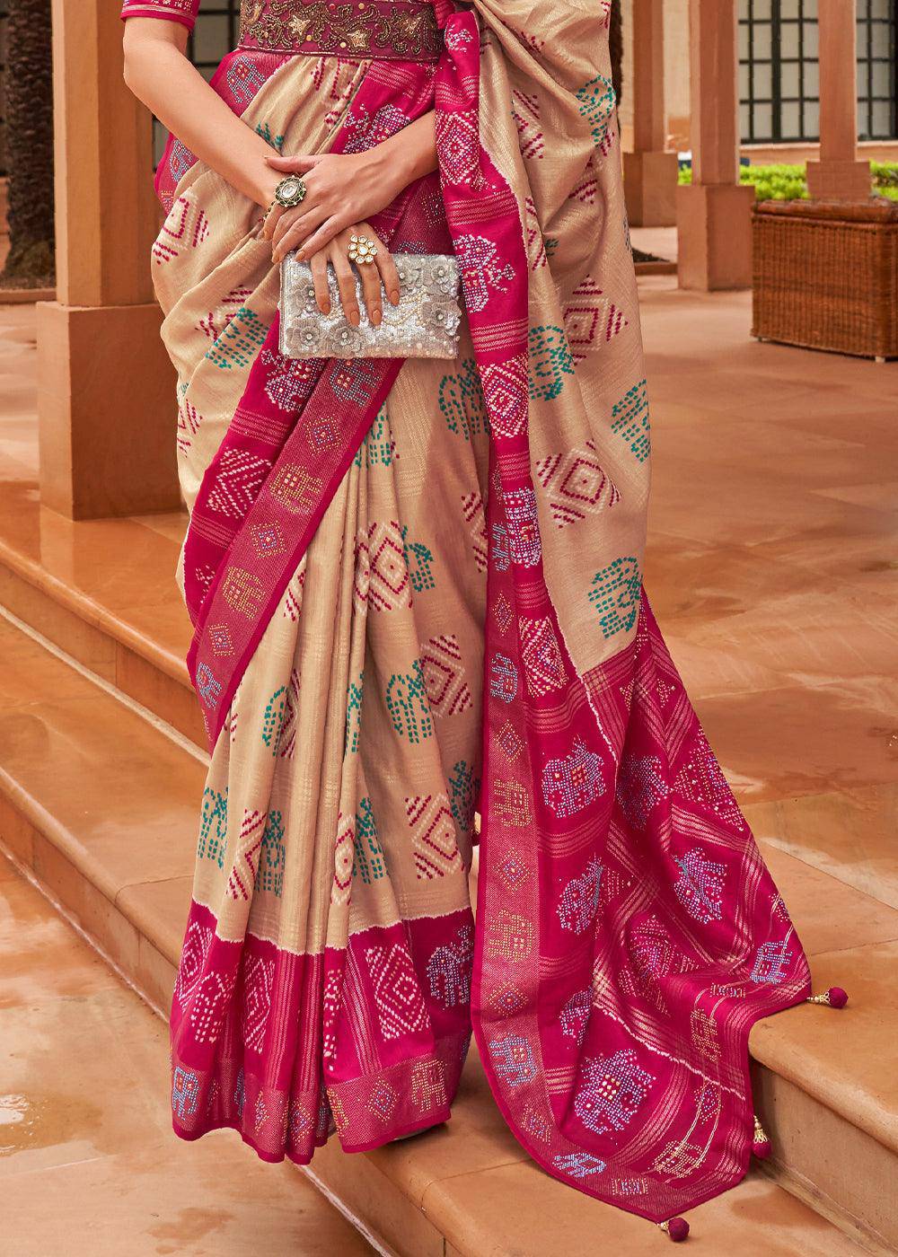 Light Brown & Pink Printed Patola Silk Saree with Swaroski Work | Stitched Blouse - qivii