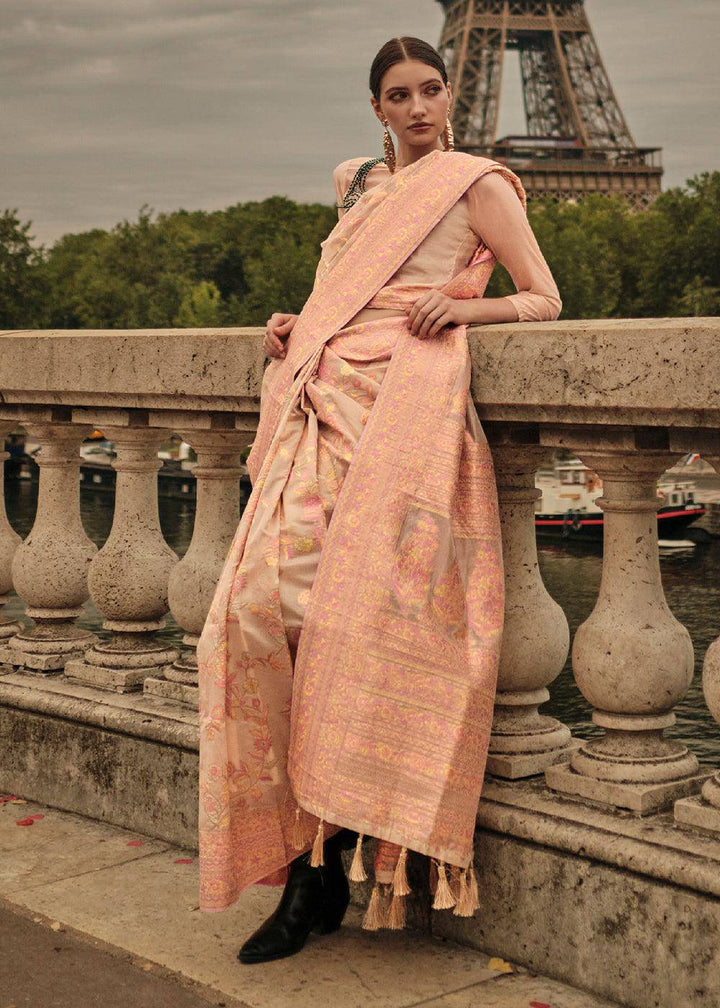 Light Brown & Pink Woven Kashmiri Organza Silk Saree | Stitched Blouse - qivii